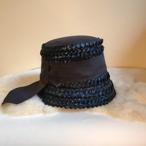 Vintage Black Raffia Woven Bucket Victorian Hat - Picture 7 of 8